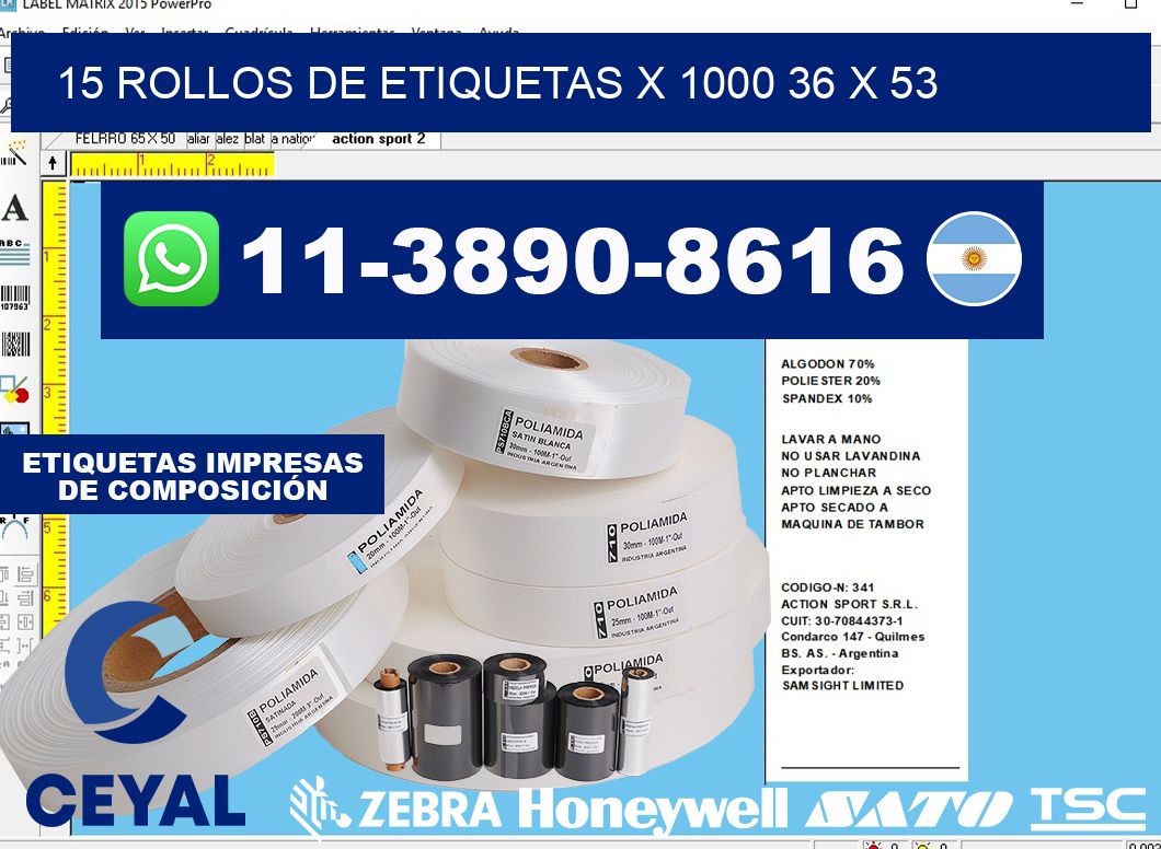 15 rollos de etiquetas x 1000 36 x 53