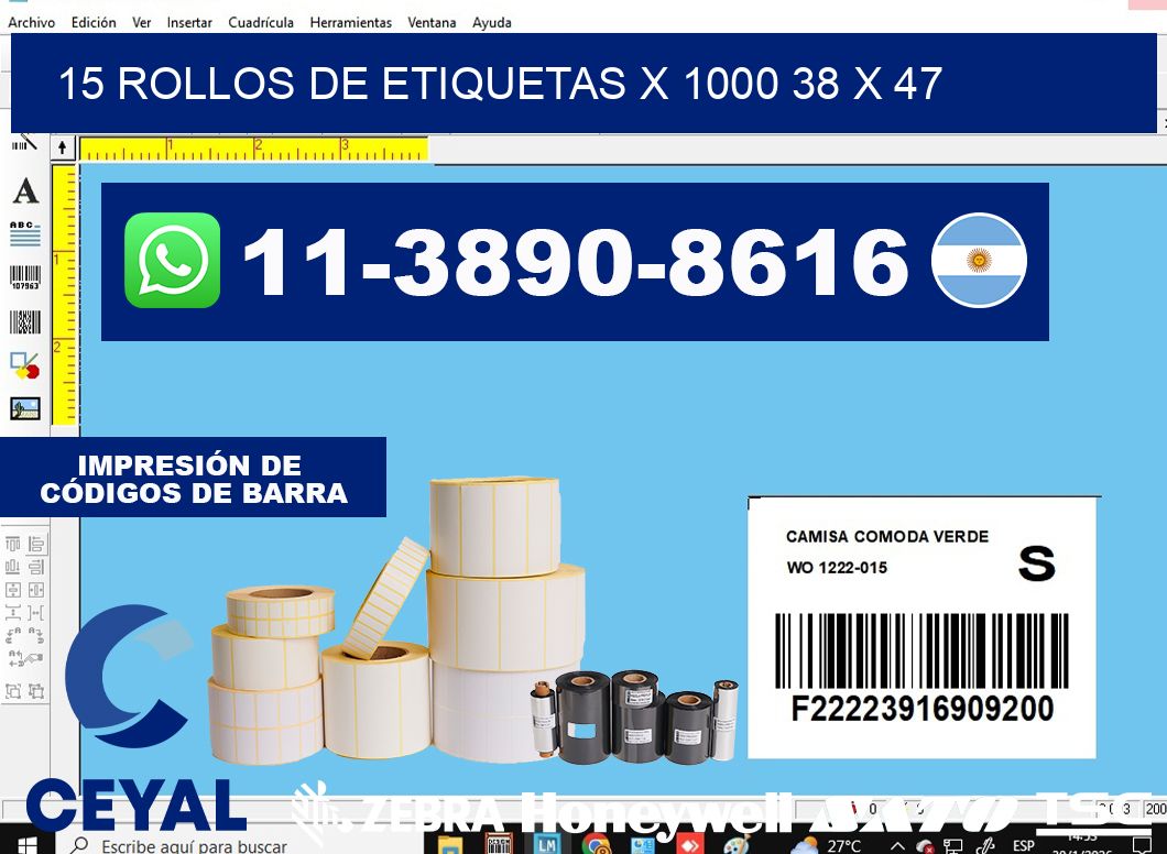 15 rollos de etiquetas x 1000 38 x 47