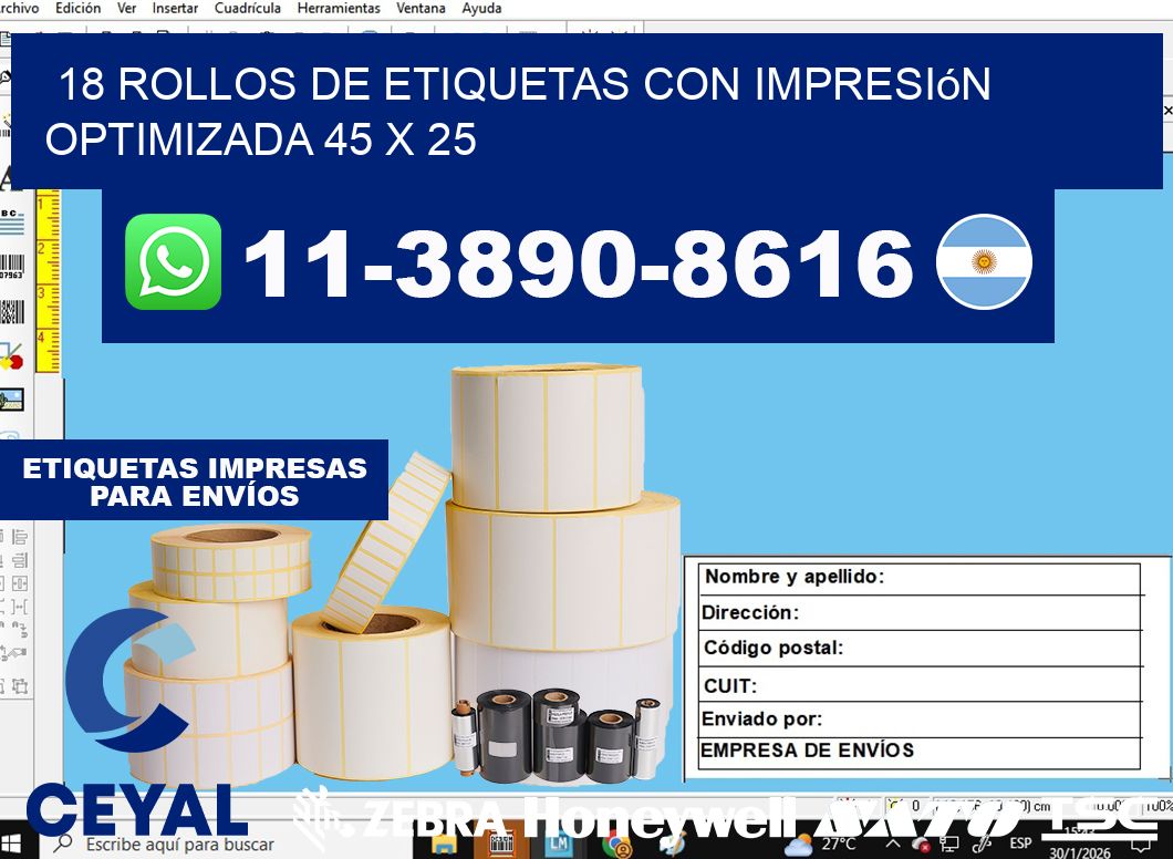 18 rollos de etiquetas con impresión optimizada 45 x 25