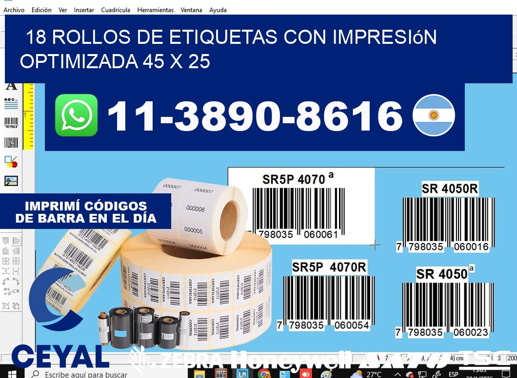 18 rollos de etiquetas con impresión optimizada 45 x 25