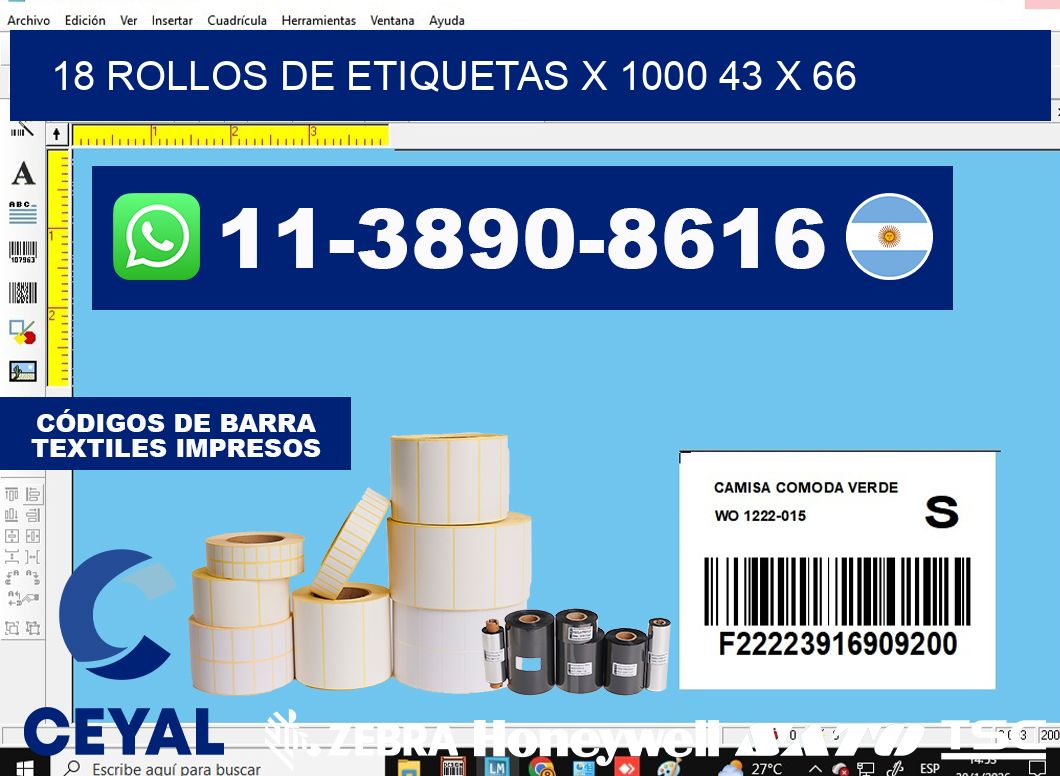 18 rollos de etiquetas x 1000 43 x 66