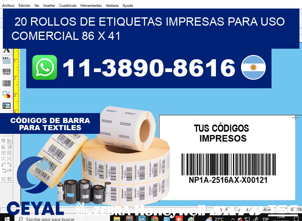 20 rollos de etiquetas impresas para uso comercial 86 x 41