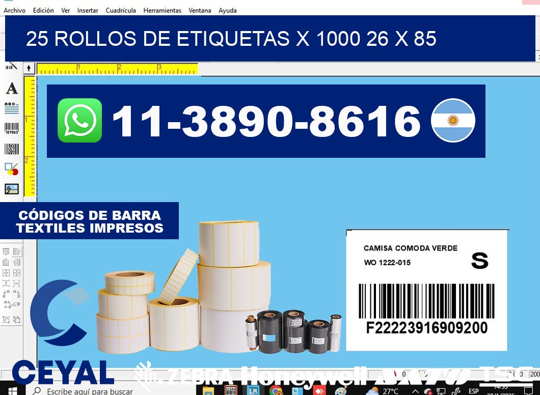 25 rollos de etiquetas x 1000 26 x 85
