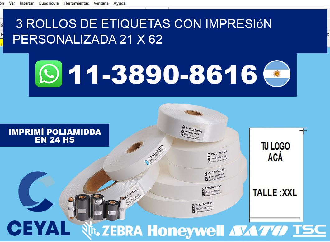 3 rollos de etiquetas con impresión personalizada 21 x 62