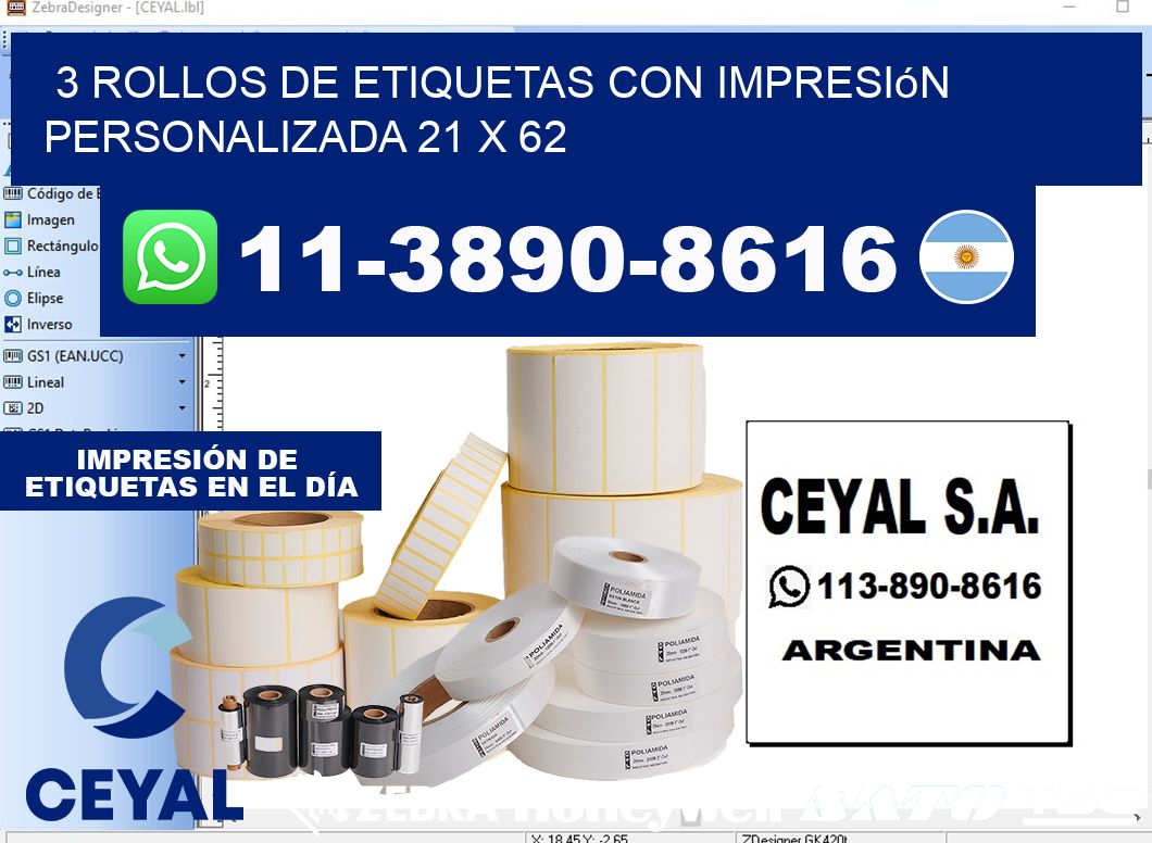 3 rollos de etiquetas con impresión personalizada 21 x 62