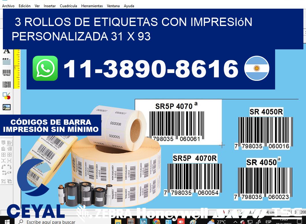 3 rollos de etiquetas con impresión personalizada 31 x 93