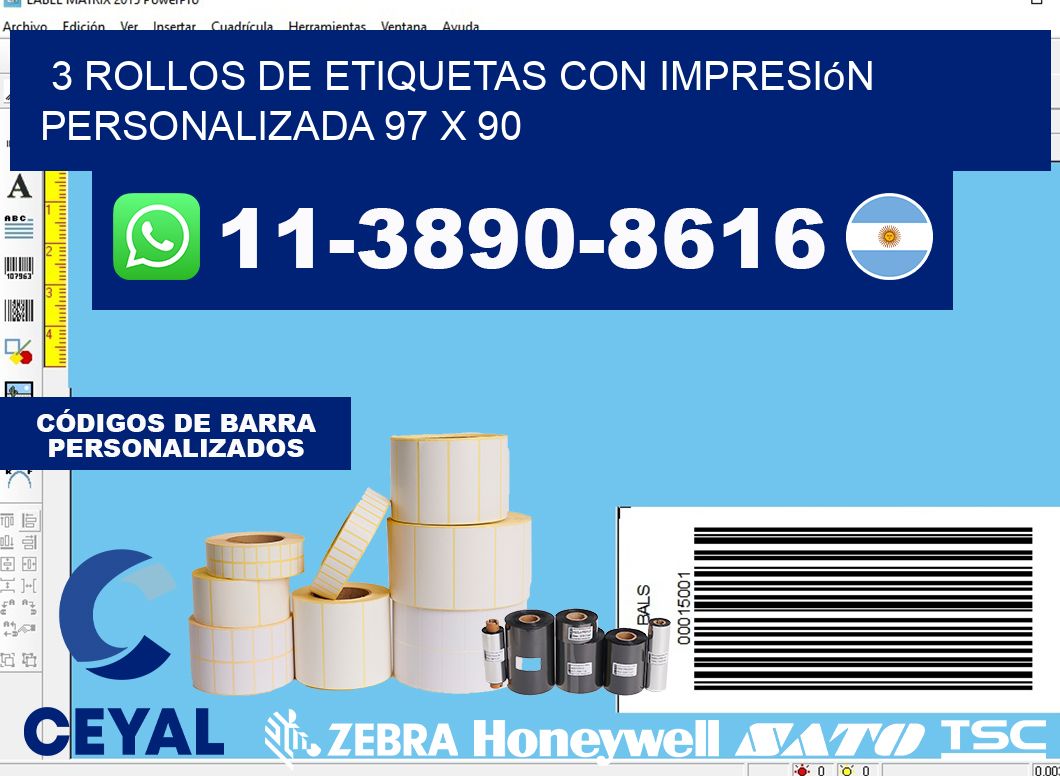 3 rollos de etiquetas con impresión personalizada 97 x 90