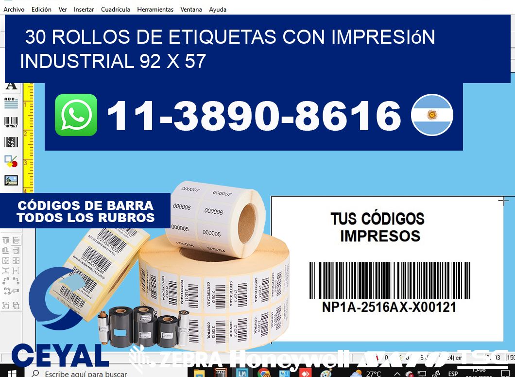 30 rollos de etiquetas con impresión industrial 92 x 57