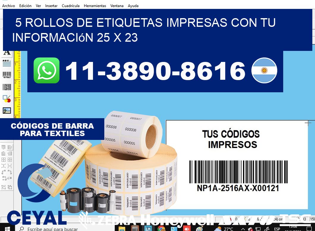 5 rollos de etiquetas impresas con tu información 25 x 23