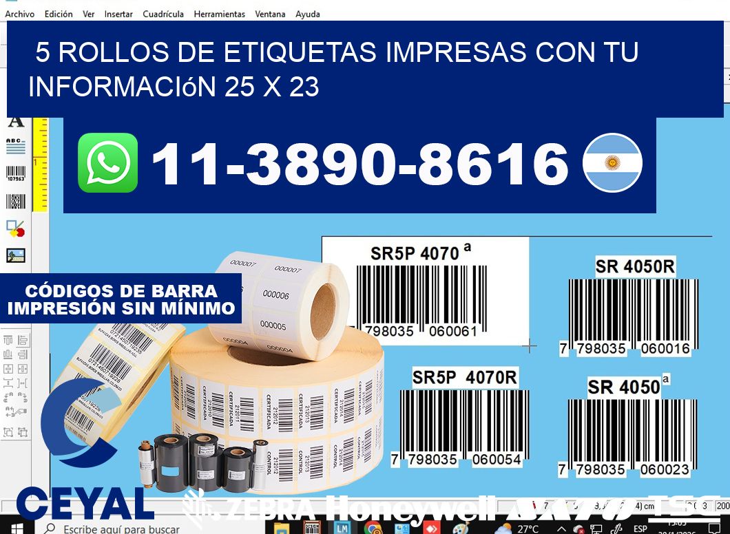 5 rollos de etiquetas impresas con tu información 25 x 23