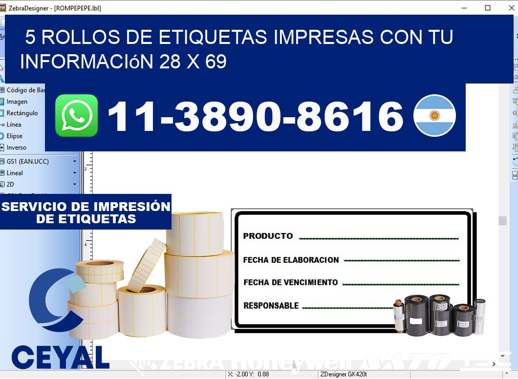 5 rollos de etiquetas impresas con tu información 28 x 69
