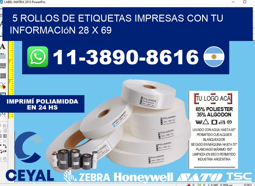 5 rollos de etiquetas impresas con tu información 28 x 69