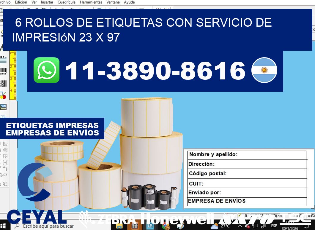 6 rollos de etiquetas con servicio de impresión 23 x 97