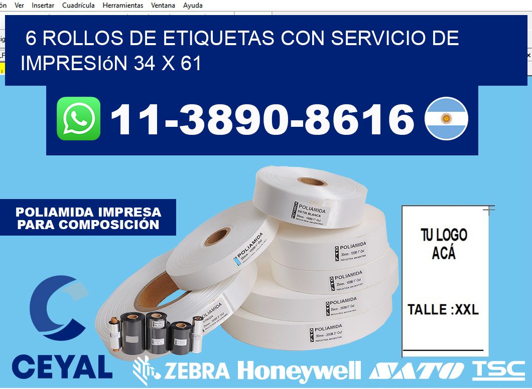 6 rollos de etiquetas con servicio de impresión 34 x 61