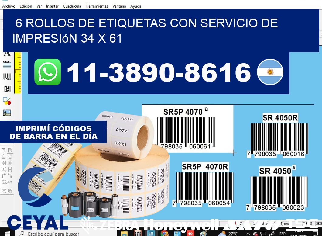 6 rollos de etiquetas con servicio de impresión 34 x 61