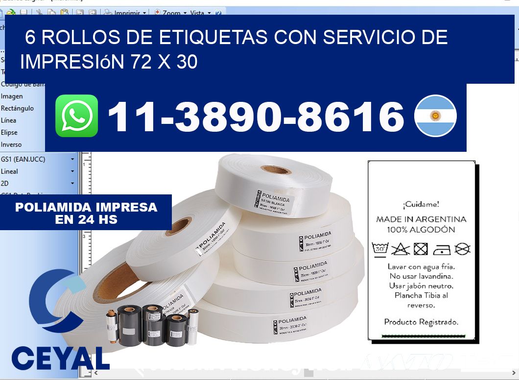 6 rollos de etiquetas con servicio de impresión 72 x 30