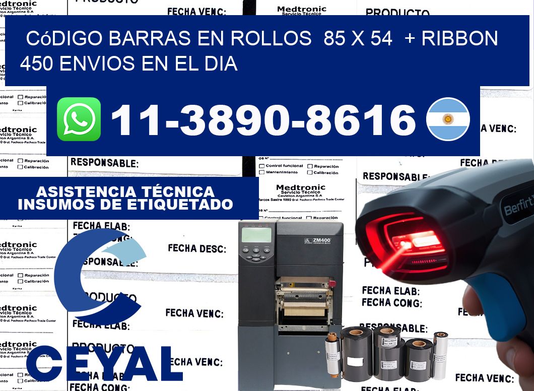 código barras en rollos  85 x 54  + ribbon  450 Envios en el dia