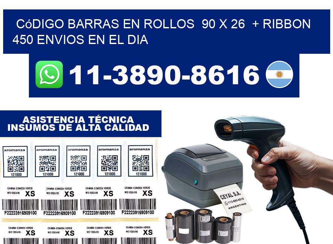 código barras en rollos  90 x 26  + ribbon  450 Envios en el dia