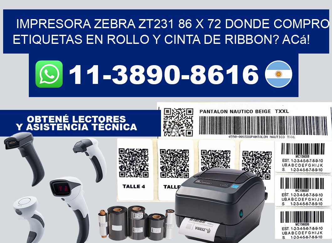 impresora zebra zt231 86 x 72 Donde compro etiquetas en rollo y cinta de ribbon? Acá!