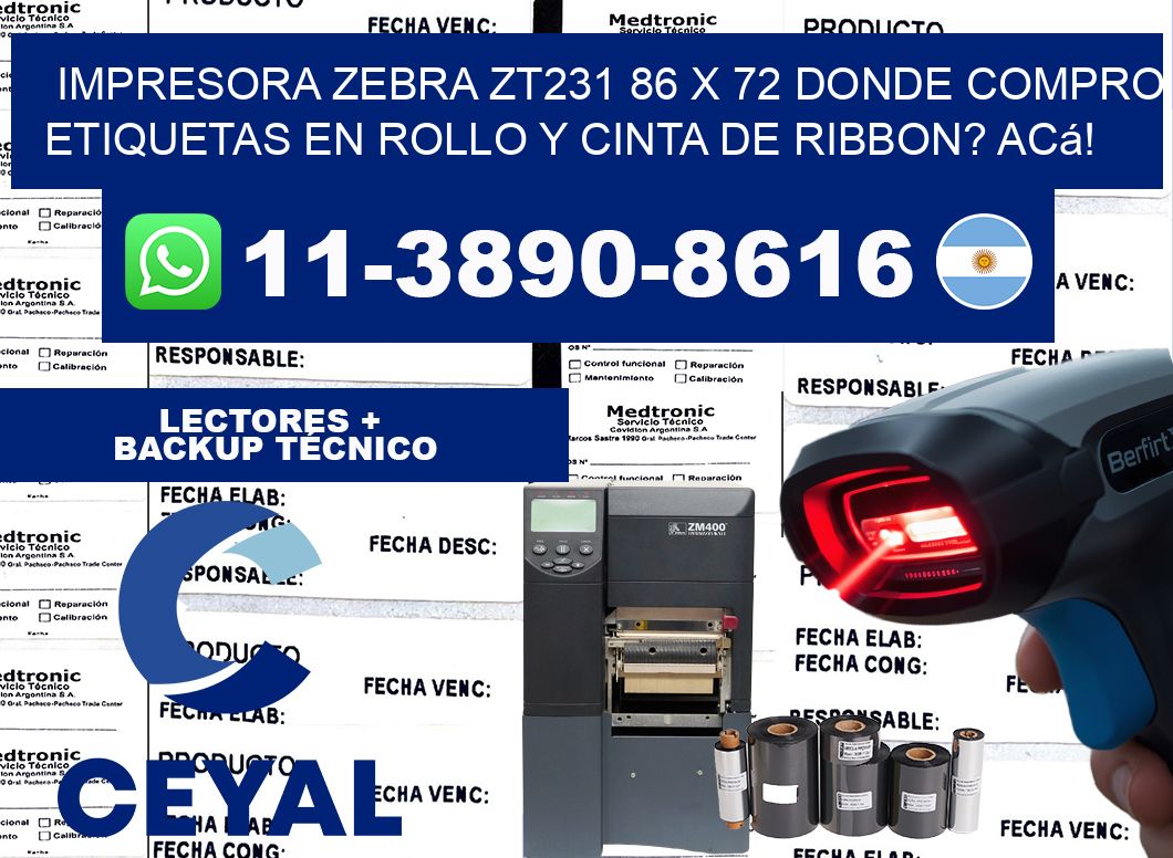 impresora zebra zt231 86 x 72 Donde compro etiquetas en rollo y cinta de ribbon? Acá!