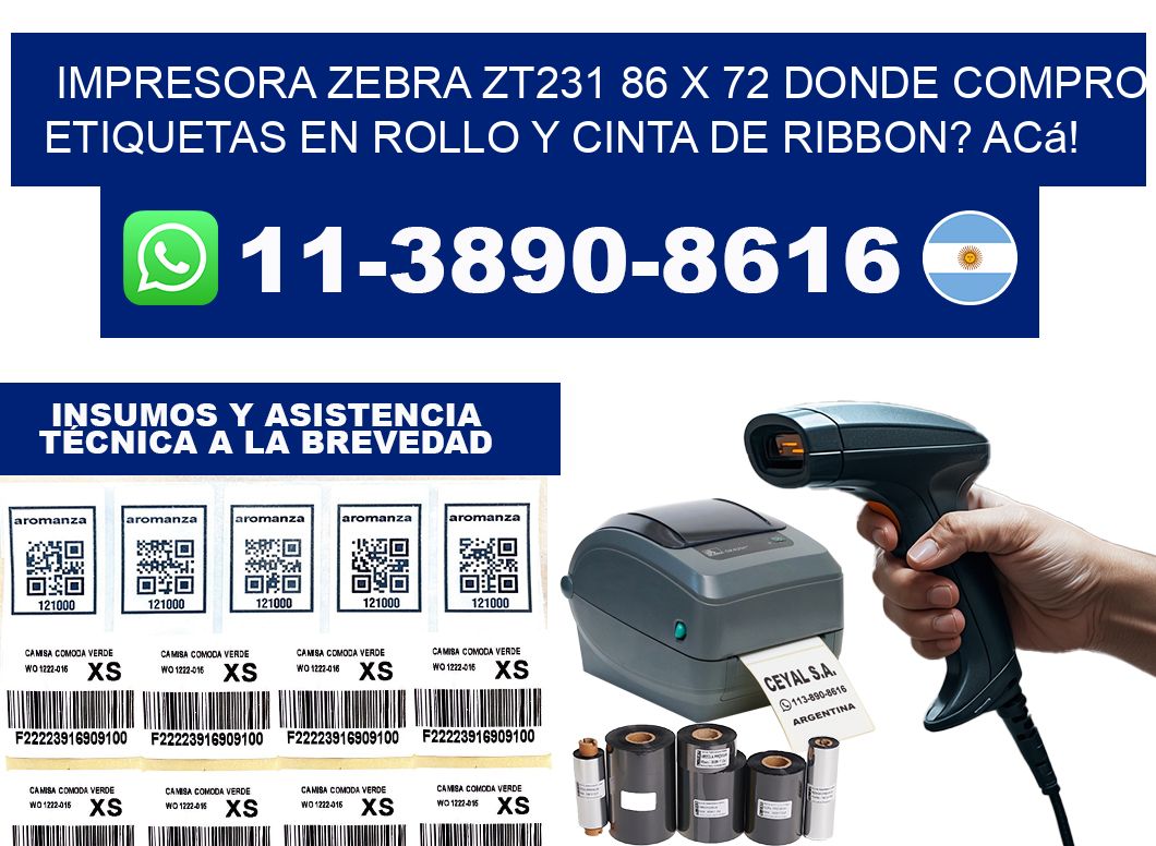 impresora zebra zt231 86 x 72 Donde compro etiquetas en rollo y cinta de ribbon? Acá!