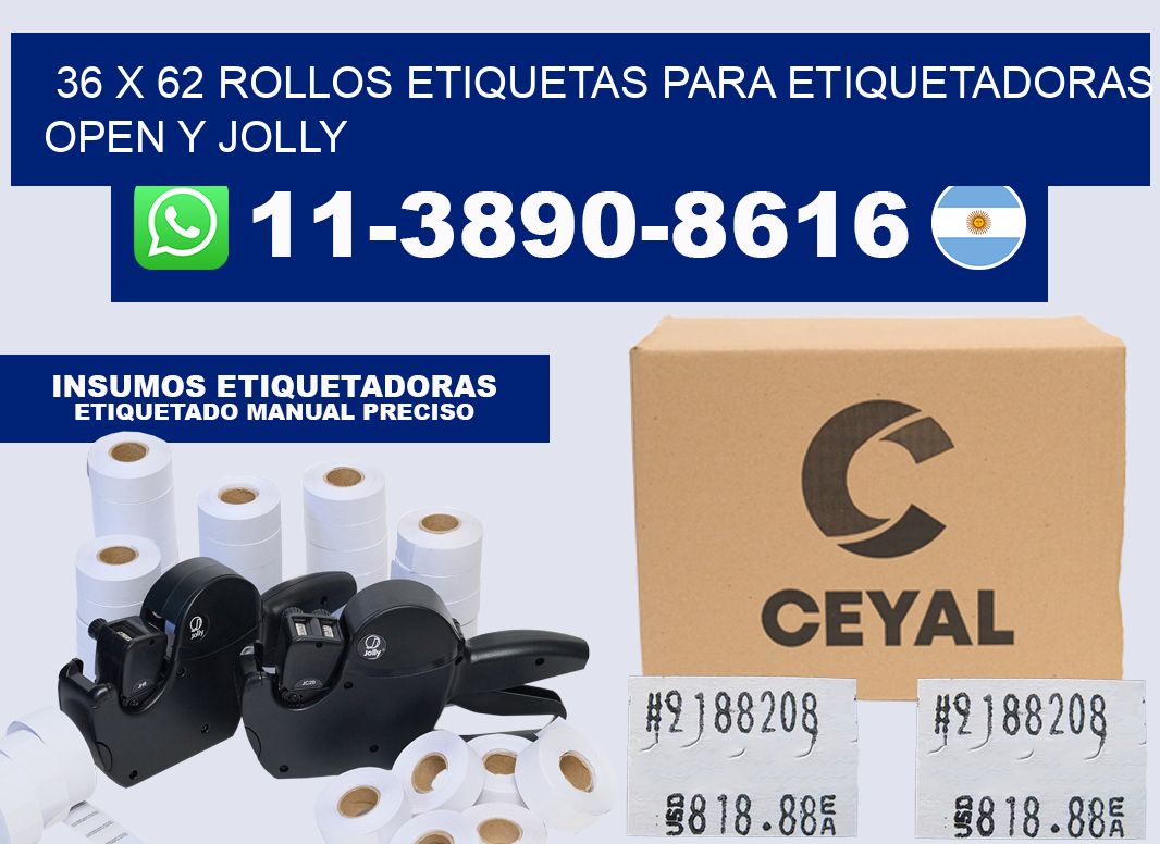 36 x 62 Rollos etiquetas para etiquetadoras open y jolly