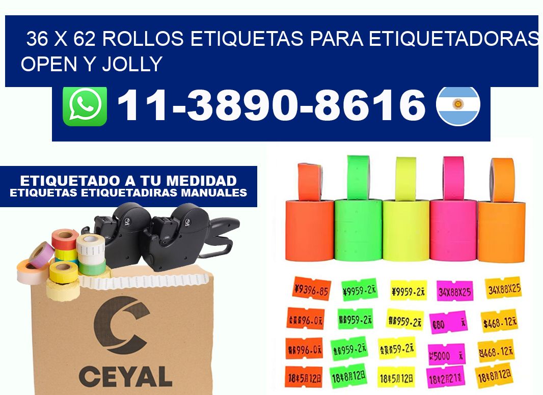 36 x 62 Rollos etiquetas para etiquetadoras open y jolly