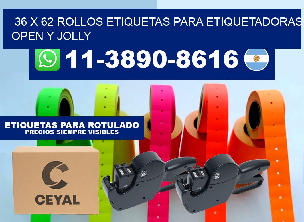 36 x 62 Rollos etiquetas para etiquetadoras open y jolly