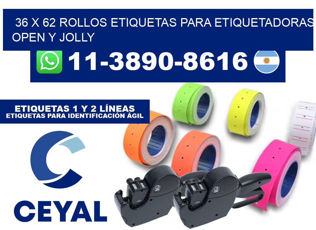 36 x 62 Rollos etiquetas para etiquetadoras open y jolly